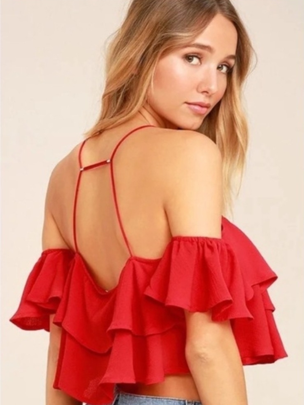 Lulus Sexy Red Off-the-Shoulder Crop Top Size Small - Picture 4 of 7